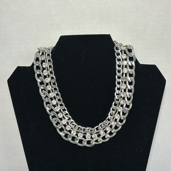 Chunky Chain Link Rhinestone Triple Strand Silver Tone Choker Necklace 15โ - Picture 3 of 6